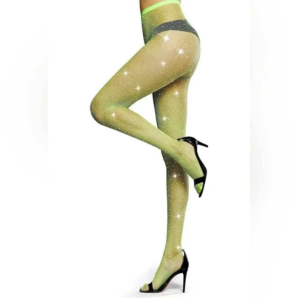 Lime Green rhinestones pantyhose tights stockings hosiery